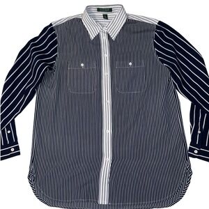 Lauren Ralph Lauren Petite Navy White Striped Button Down Shirt PM Long Sleeve